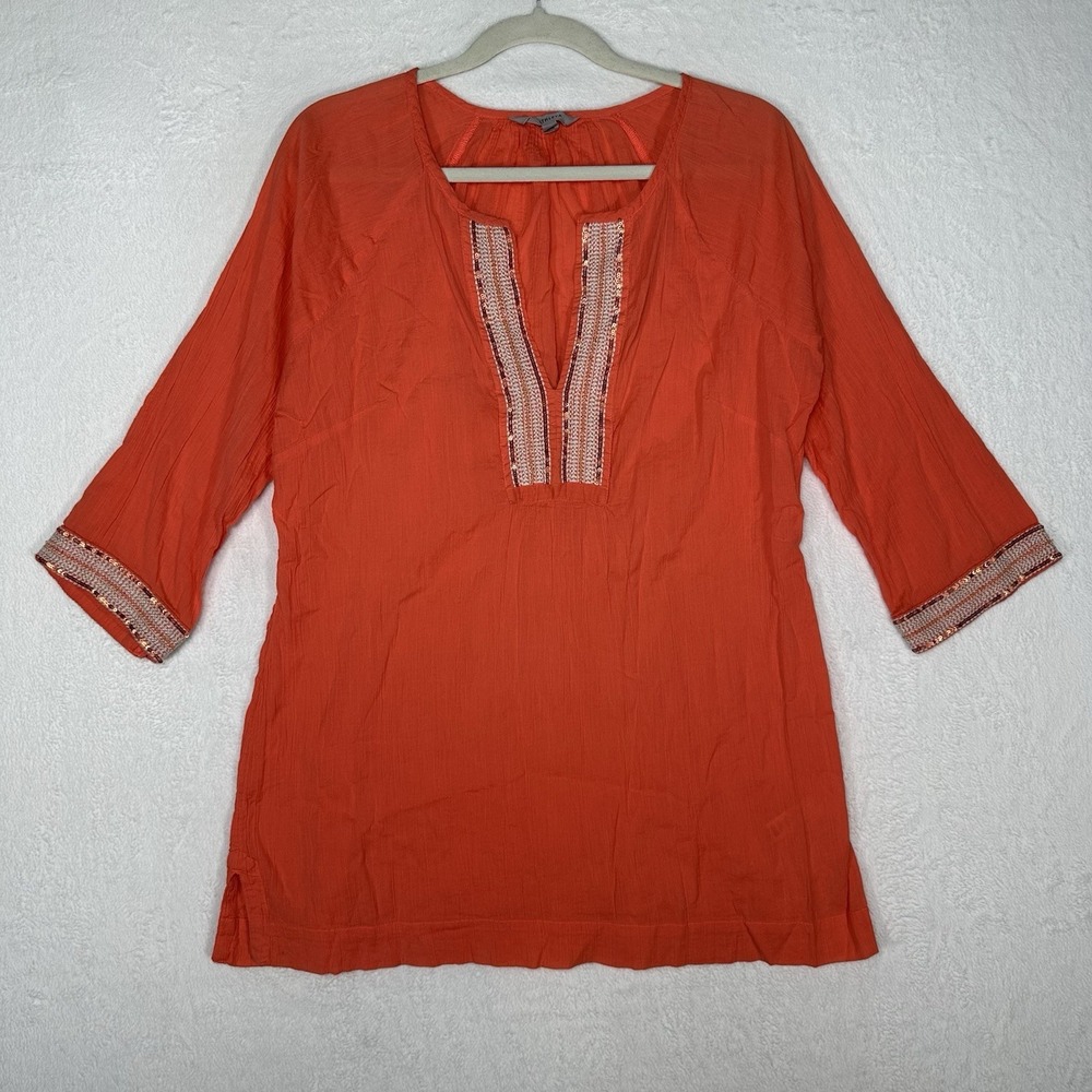 Athleta Embroidered Beaded Tunic S Coral Orange Cotton Sequin V-Neck Boho Resort